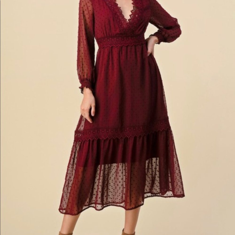 NWT Burgundy Ruffle Midi Lace Special Occasion Women's Dress Sz Small
